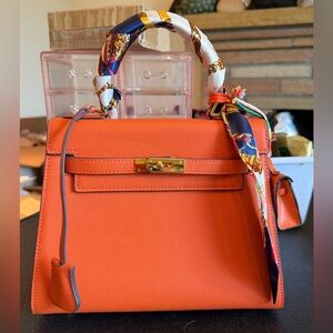 Orange Handbag with Scarf & Mini Bag Accent